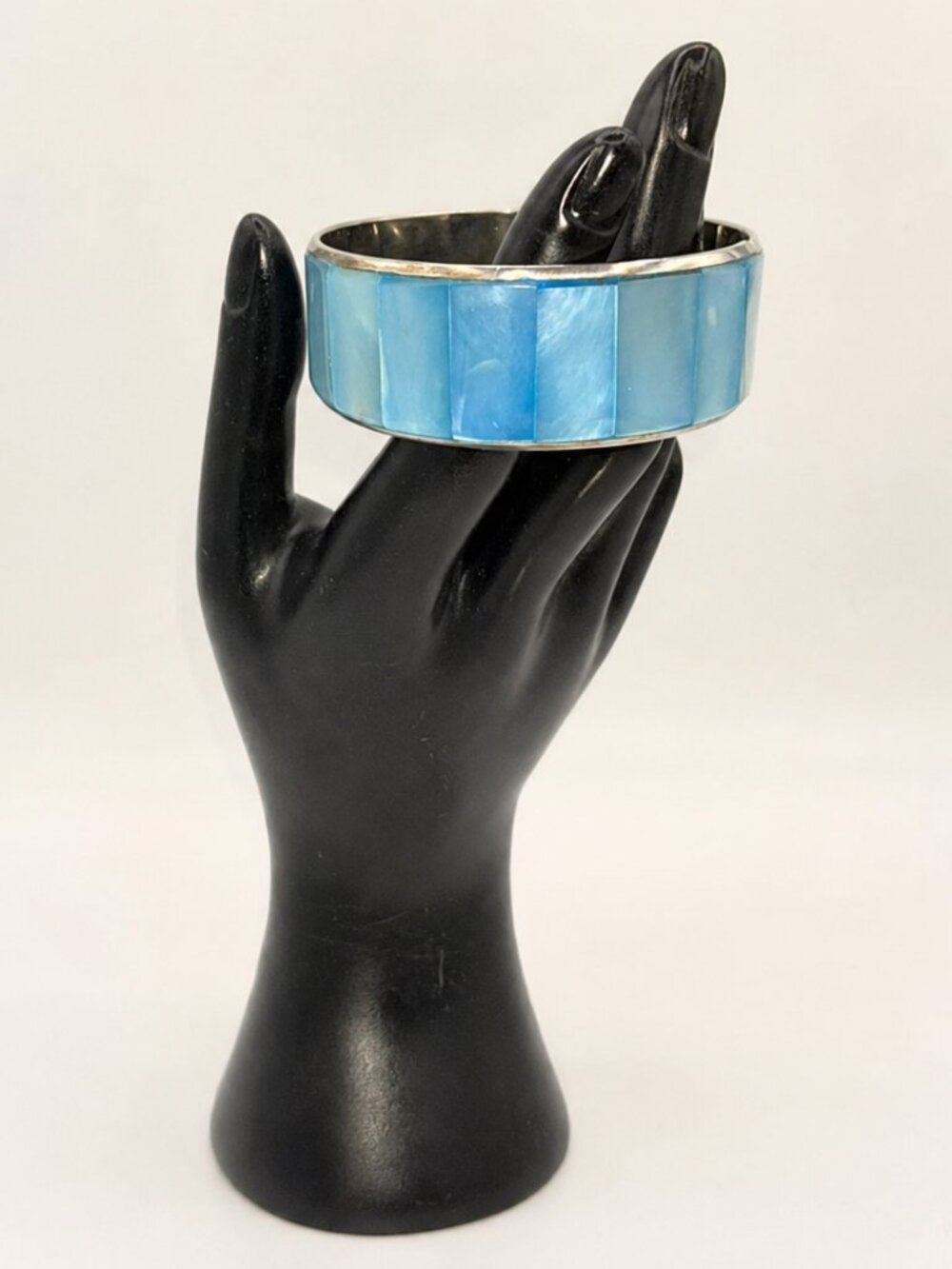 Blue Mother of Pearl Inlay Silver-Tone Bangle Bracelet | Statement Cuff